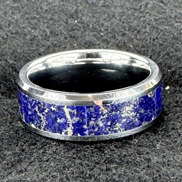 Handmade Jewelry - Lapis Silver Inlay Ring, Lapis Stone Inlay Tungsten Ring - 8mm size 9 3/4
